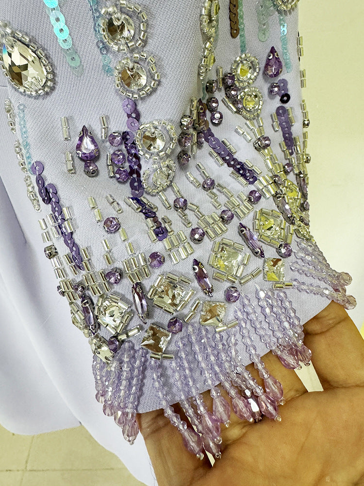 Elaborately beaded light purple Diamond Embedded Mid Length Dress for trendy fashion ملابس