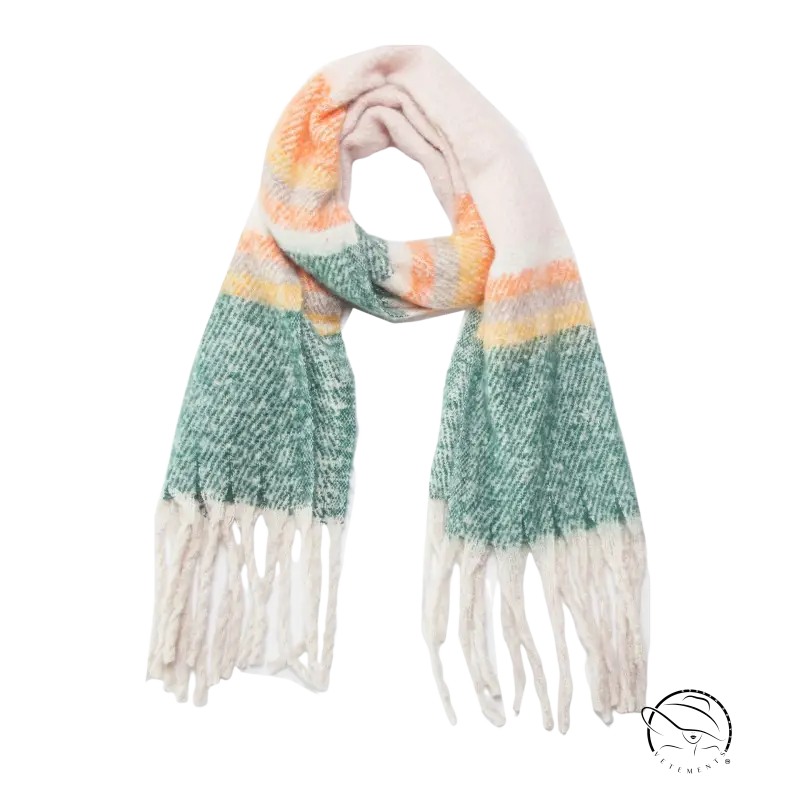 Cozy warm wool scarf in multicolored plaid with peach mint stripes