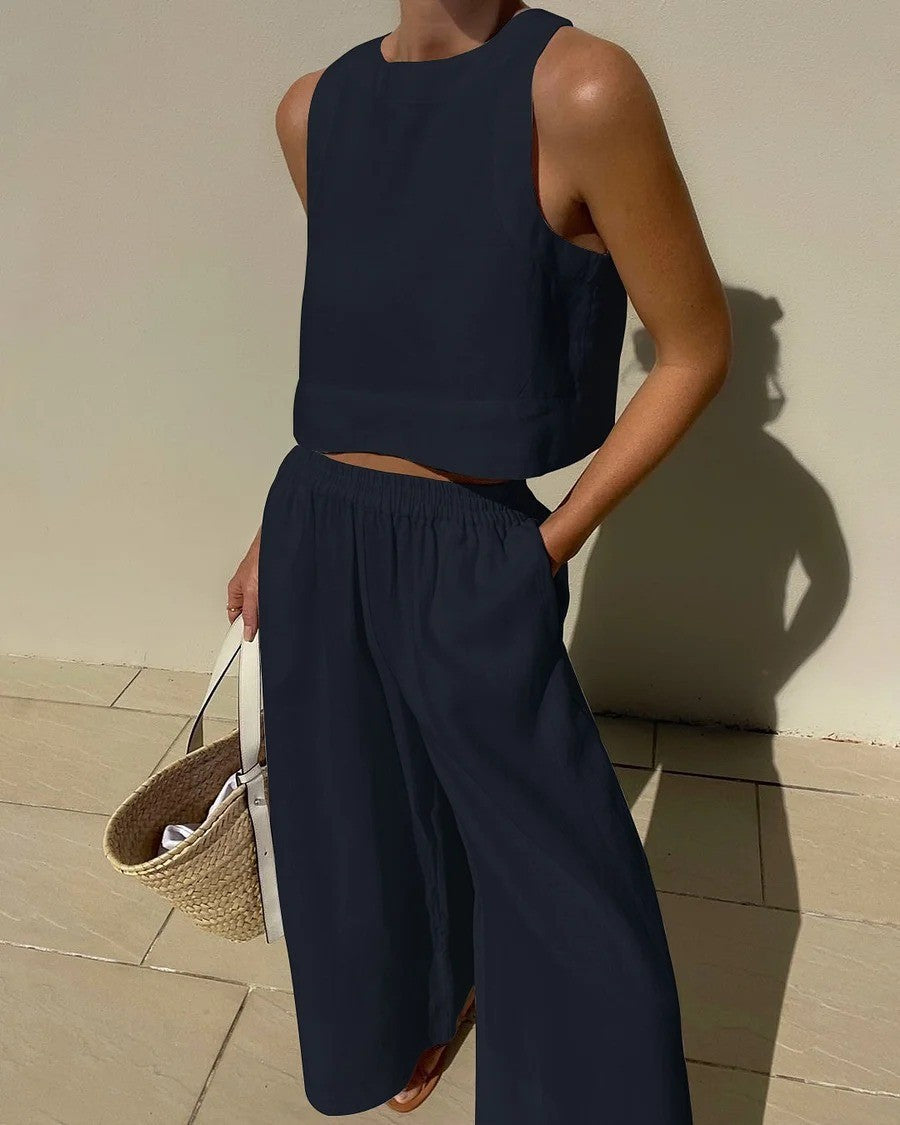 Navy two-piece linen set from Casual Loose Sleeveless Shirt Two Piece Sets, stylish ملابس