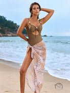 Light & elegant one piece swimsuit with brown style and pink floral sarong