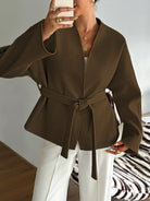 Olive green belted blazer with bell sleeves in langry fashion ملابس
