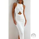 Stunning slim fit slit dress in white sleeveless cutout fashion
