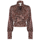 Elegance Polka Dot Shirt: Brown blouse with ruffles and tie neck