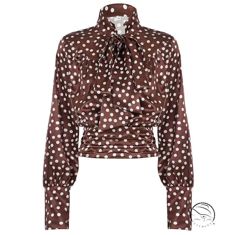 Elegance Polka Dot Shirt: brown blouse with ruffles and tie neck