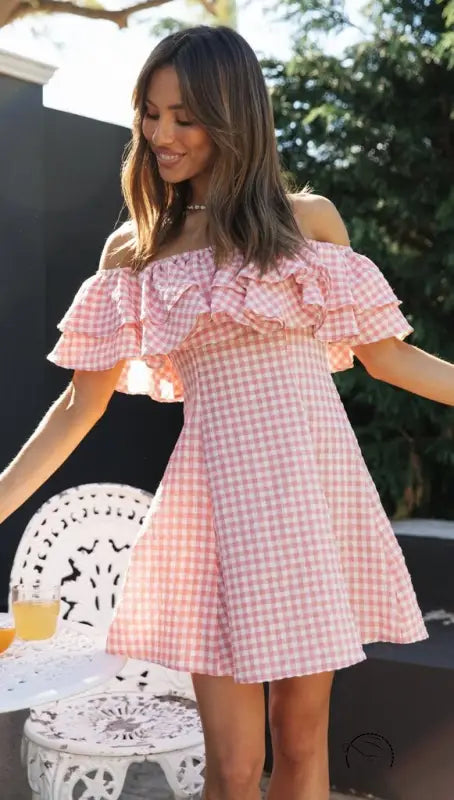 Elegant Plaid Off-shoulder Ruffled Collar Dress