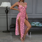 Home Suspender Pink Black High Slit t Back Two Piece Set