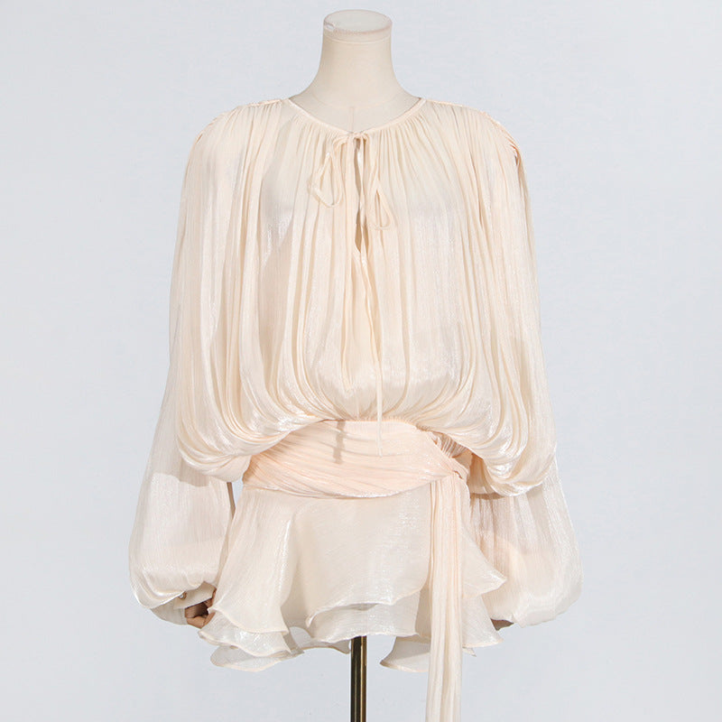 Cream-colored flowing blouse with tie waist in Gorgeous Design Short Mesh Dress fashion