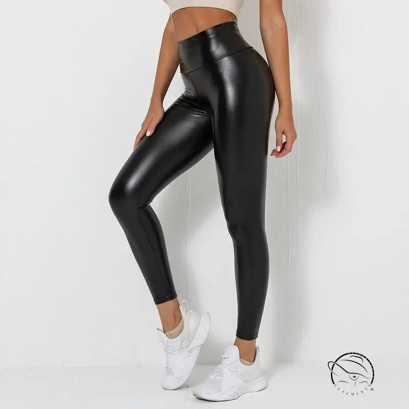 Shiny faux leather bright pants with glossy black leggings