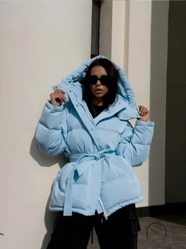 Langry hooded thickened thermal zipper puffer coat in light blue with hood and tie belt