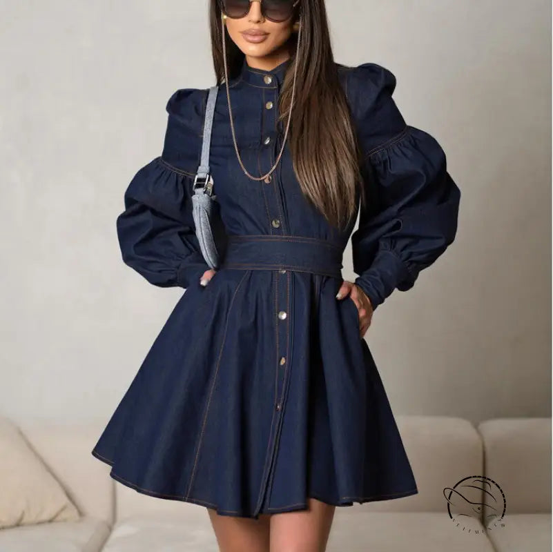 Denim shirt fashionable dress with puff sleeves and flared skirt