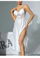Elegant white lace and satin Langry fashion nightdress with high slit