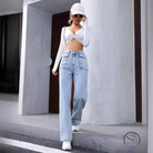 Women’s light wash wide-leg denim trousers with flap pockets