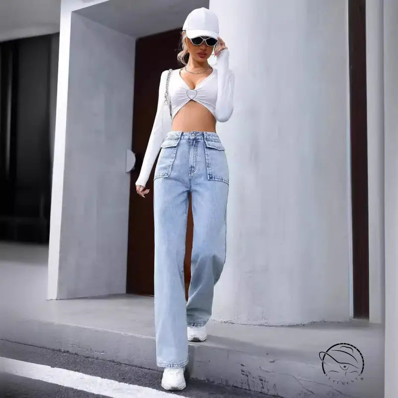 Women’s light wash wide-leg denim trousers with flap pockets