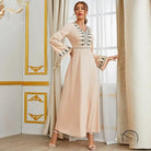 Elegant V-neck high-waist long swing dress in beige with green black embroidery