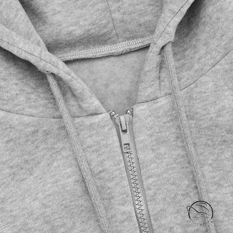 Cozy short zipper cardigan hoodie in heather gray with drawstring hood