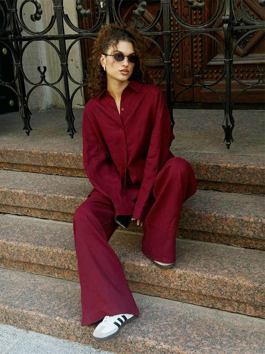 Burgundy linen suit with sneakers from Langry Cotton Shirt Trousers Casual Sets fashion ملابس