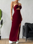 Burgundy halter maxi dress with thigh slit in Langry fashion