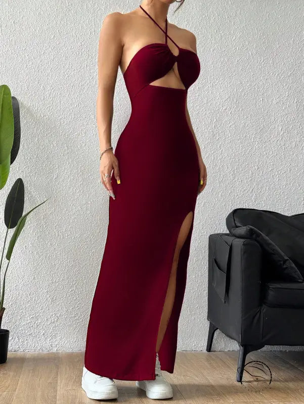 Burgundy halter maxi dress with thigh slit in Langry fashion