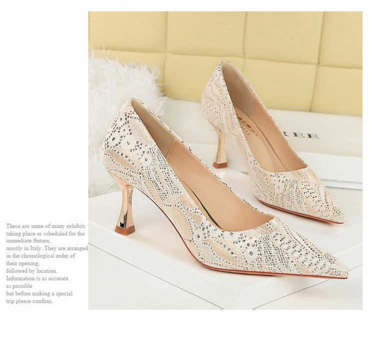 Elegant Langry fashion gold glitter high heel pumps with rhinestone accents