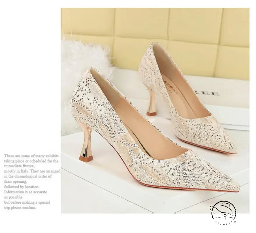 Langry fashion gold glitter mid heel pumps with rhinestone accents