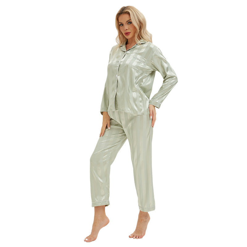 Shiny light green satin langry fashion pajamas with bold stripes