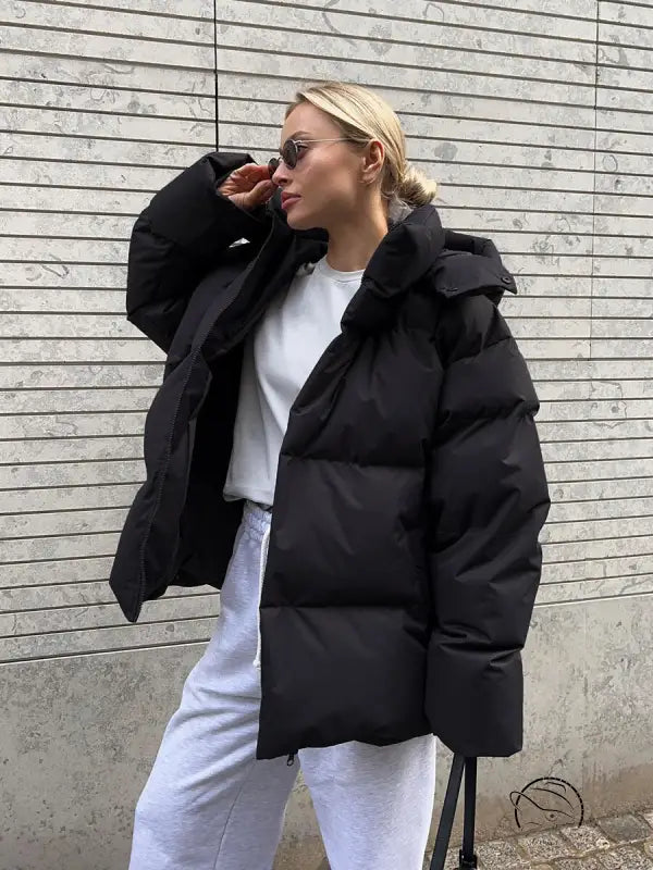 Black langry puffer cotton coat jacket in fashion style