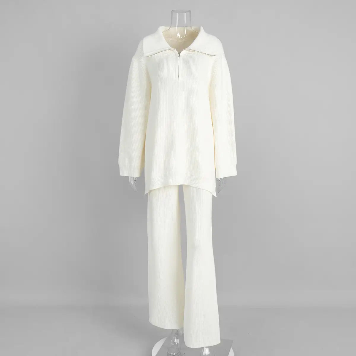 Knitted Polo Collar Long Sleeve Wide Leg Pants Sweater Set