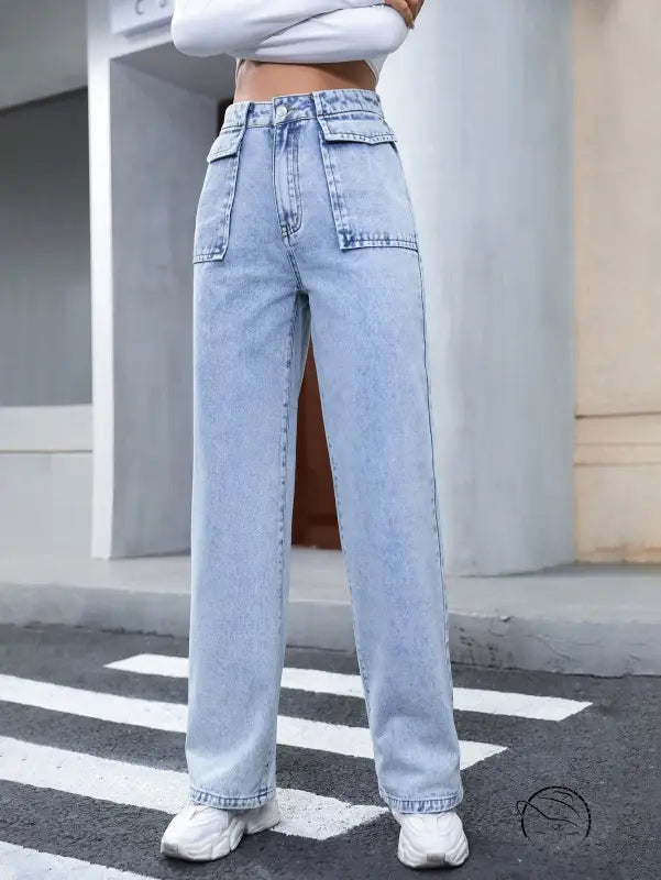 Light wash high-waisted wide-leg Langry denim trousers with flap pockets