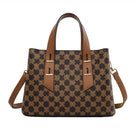 High-grade soft leather handbag: brown and black checkered tote with fashion accents