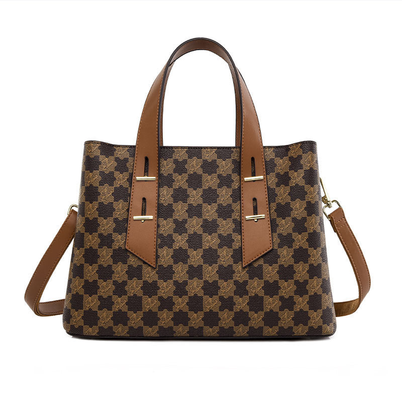 High-grade soft leather handbag: brown and black checkered tote with fashion accents