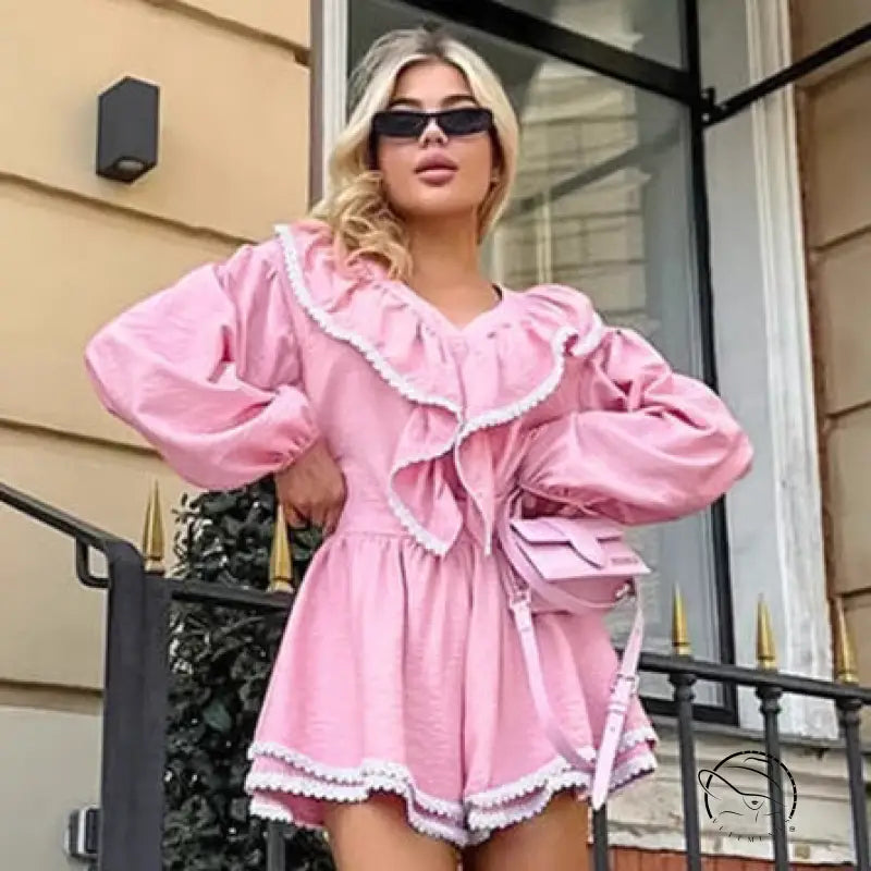 Pink ruffled romper in French loose shirt shorts two piece set