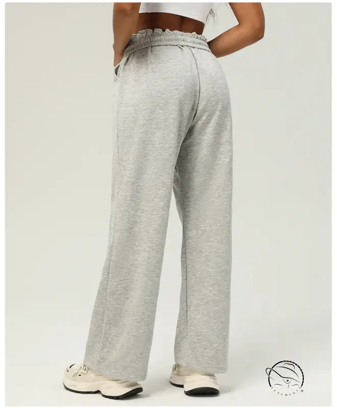 Light gray wide-leg casual fitness yoga pants with elastic waistband