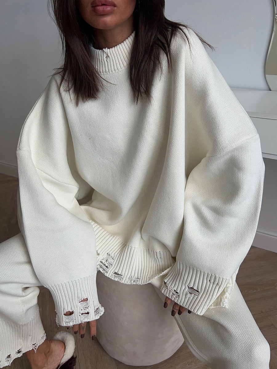 Winter Knitted Ankle Tight Pants Turtleneck Sweater Set