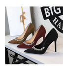 Langry fashion rhinestone cocktail stiletto heels in black burgundy suede