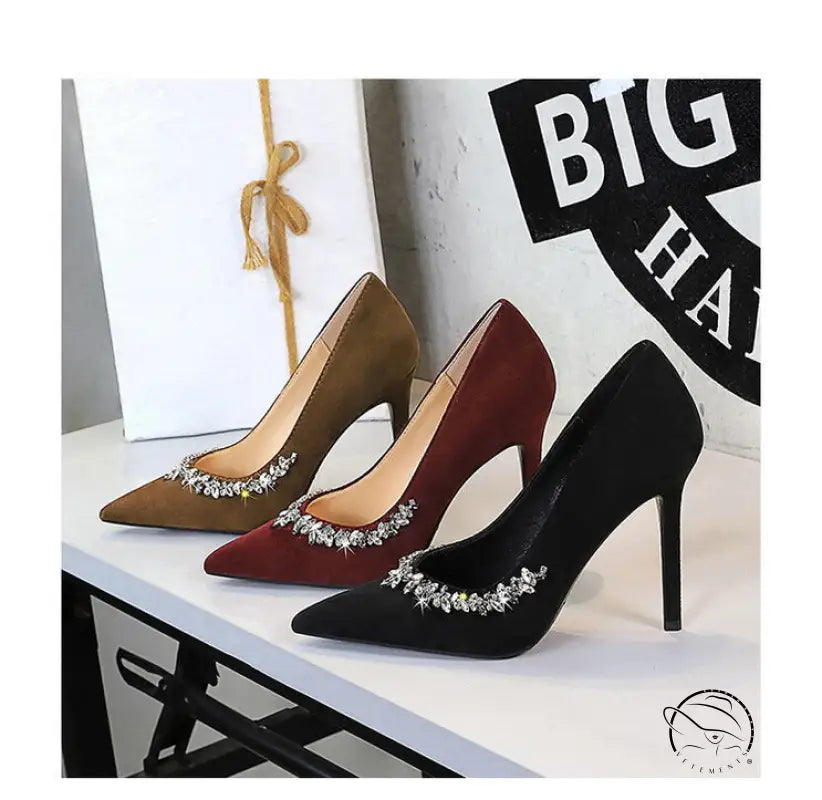 Elegant Rhinestone Cocktail Stiletto Heel in black and burgundy suede fashion