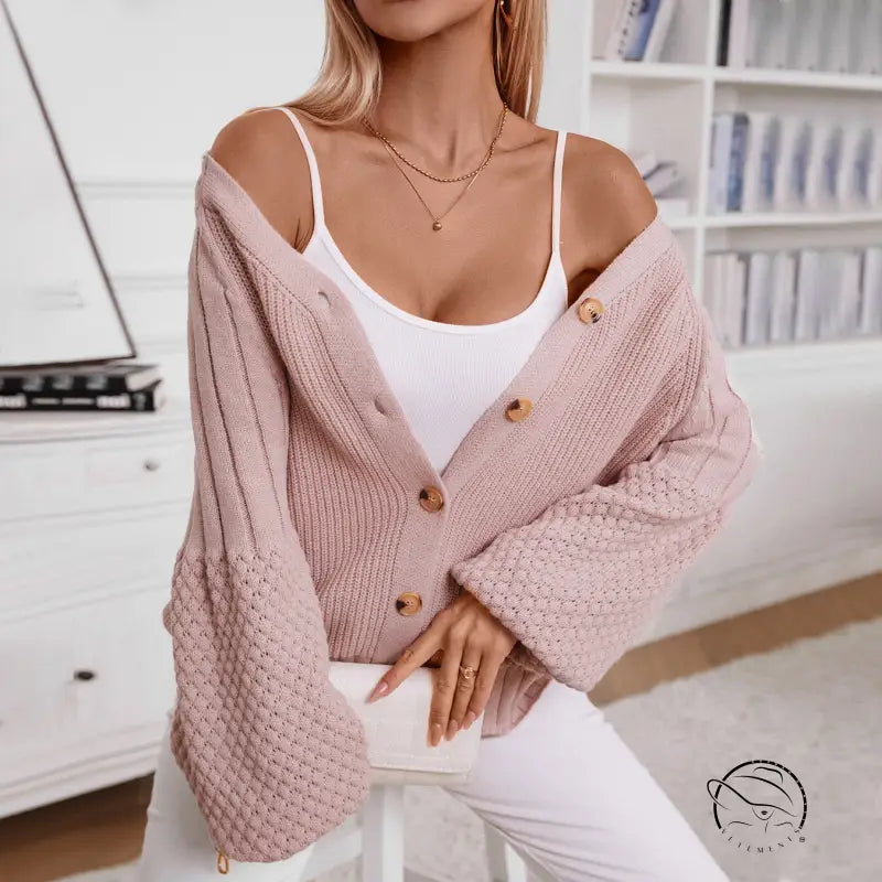 Pink knitted cardigan casual loose lantern sleeve sweater