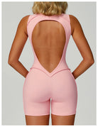 Pink Langry fashion yoga jumpsuit with open back and high-waisted shorts