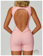 Pink langry fashion yoga jumpsuit with open back and high-waisted shorts