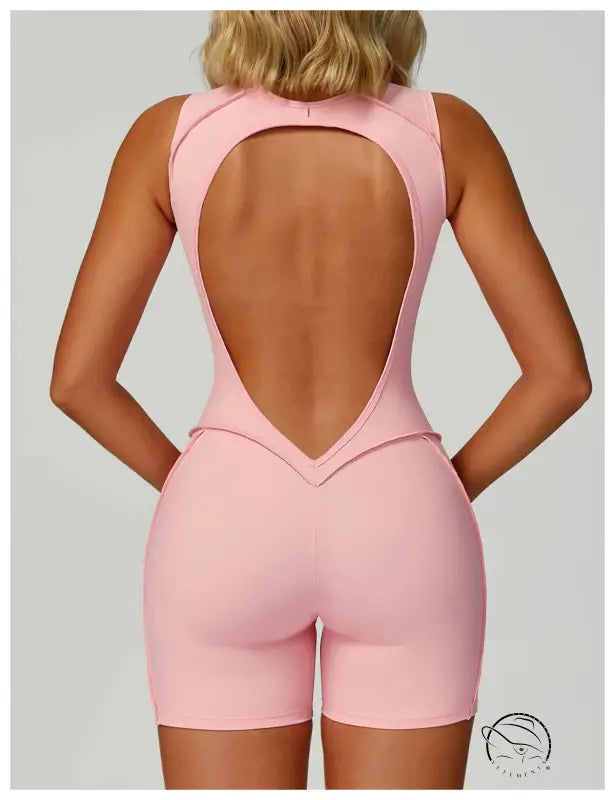 Pink langry fashion yoga jumpsuit with open back and high-waisted shorts