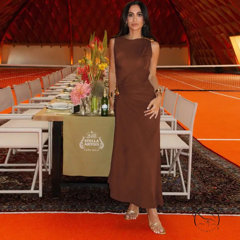 Elegant slim sheath sleeveless dress in brown with gold fashion embellishments
