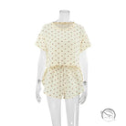 Summer cotton linen heart print cream short pajama set with slit shorts