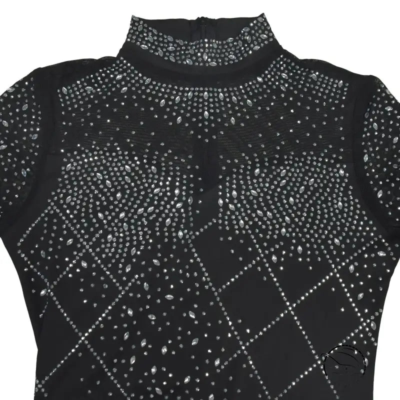 Black rhinestone-studded turtleneck in amazing split maxi dress