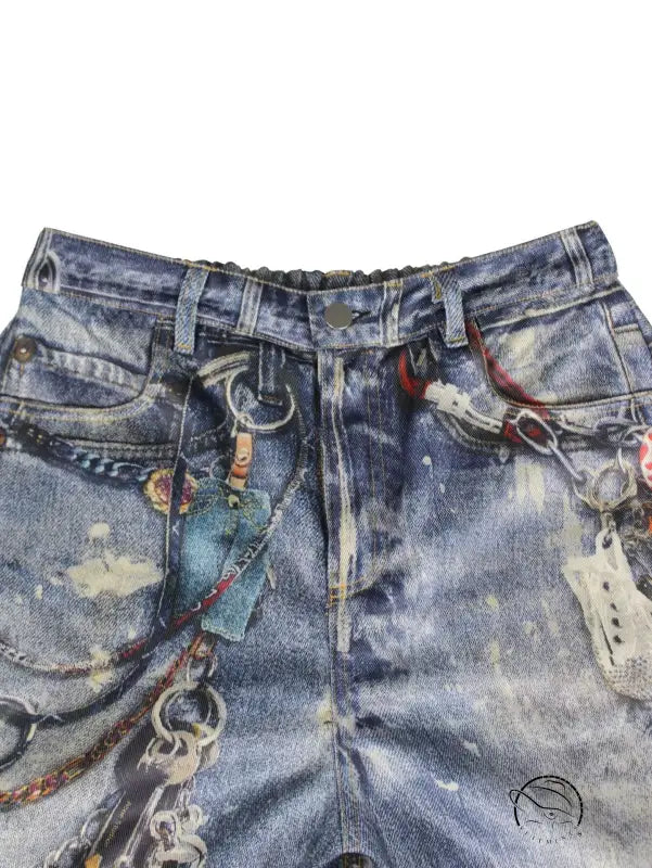 Casual dirty denim pants with paint splatters and chains