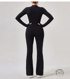 Black long-sleeved flared jumpsuit in comfy one piece sportswear fashion