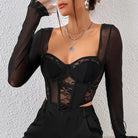 Black lace grenadine boning corset top with slim fit sheer sleeves