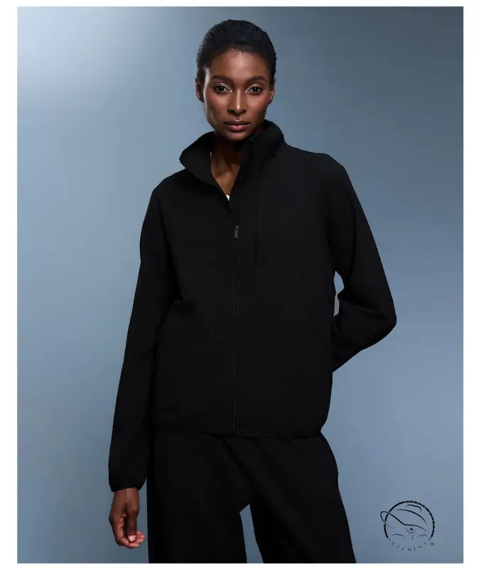 Langry black fleece zip-up hoodie, waterproof thermal fashion coat