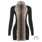 Elegant slim fit sheath langry fashion dress with black long sleeves, fur collar, and pockets
