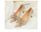 Langry fashion beige stiletto heels with rhinestone bow accents