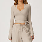 Beige langry fashion wrap crop top with long sleeves and tie waist for yoga
