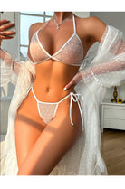 White sheer polka dot lingerie set with lace trim and tie-side strings